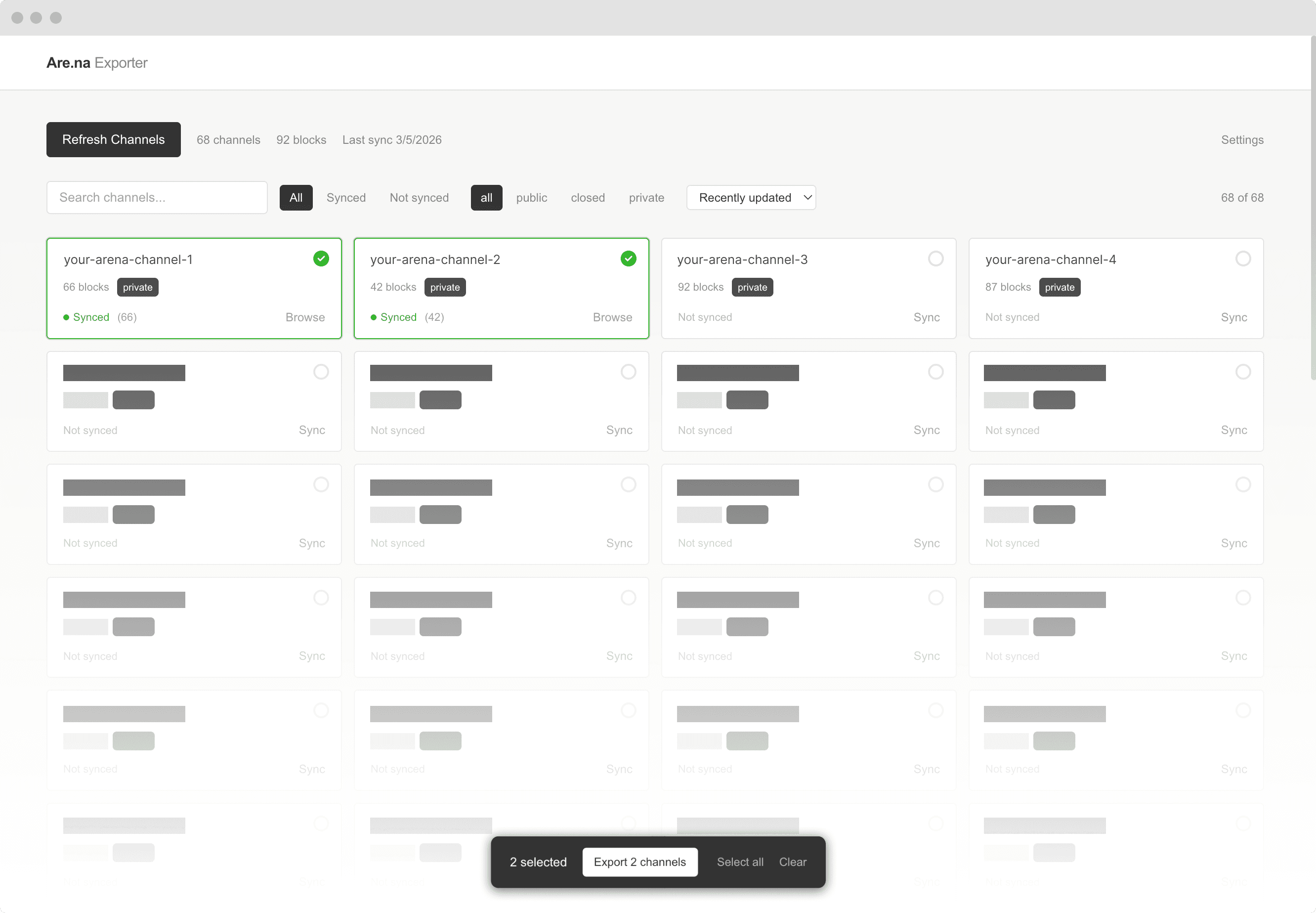 Are.na Exporter showing a gallery of channels and export options.