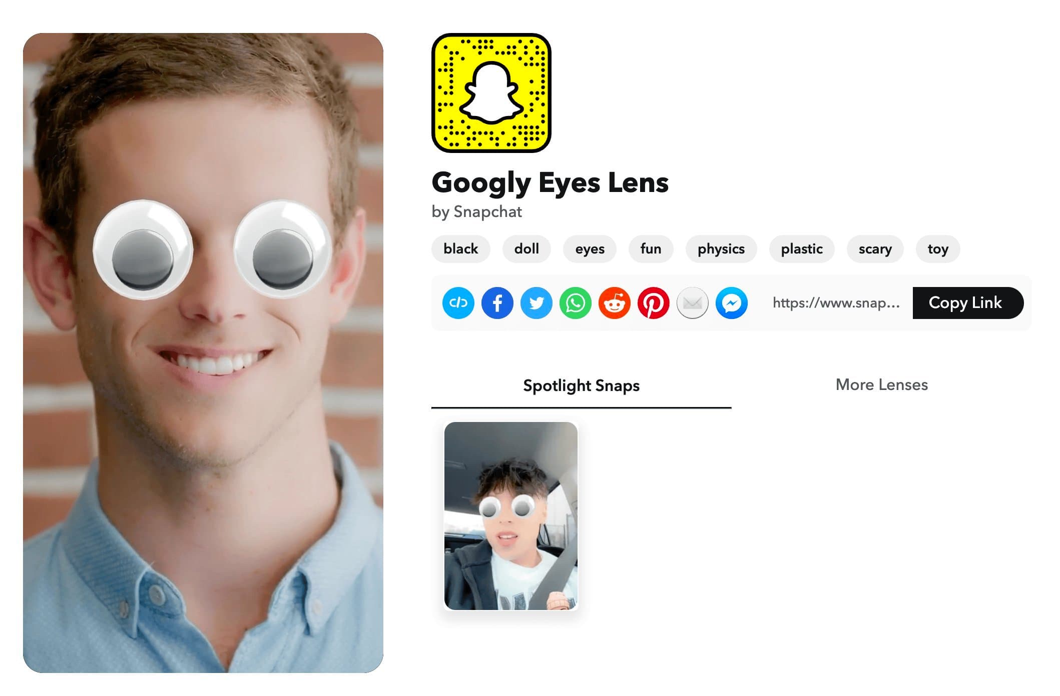 Snapchat's Googly Eyes lens, 3D doll eyes on top of the face