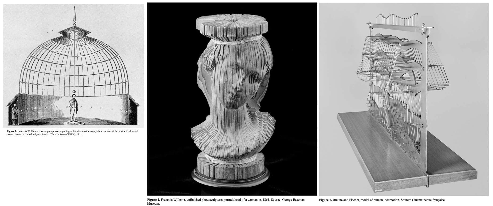 Willème's reverse panopticon (1864), Willème's unfinished photosculpture (c. 1861), and Braune and Fischer's model of human locomotion, from Galloway's Uncomputable
