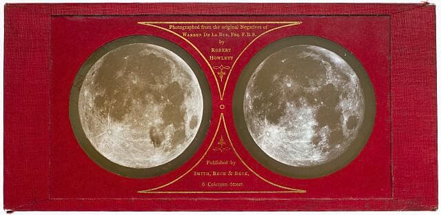 Warren De la Rue's lunar stereoscope card (c. 1858), printed by Robert Howlett and published by Smith, Beck & Beck of 6 Coleman Street, London. Two photographs taken nights apart at different libration angles. Library of Congress, ppmsca.69207.